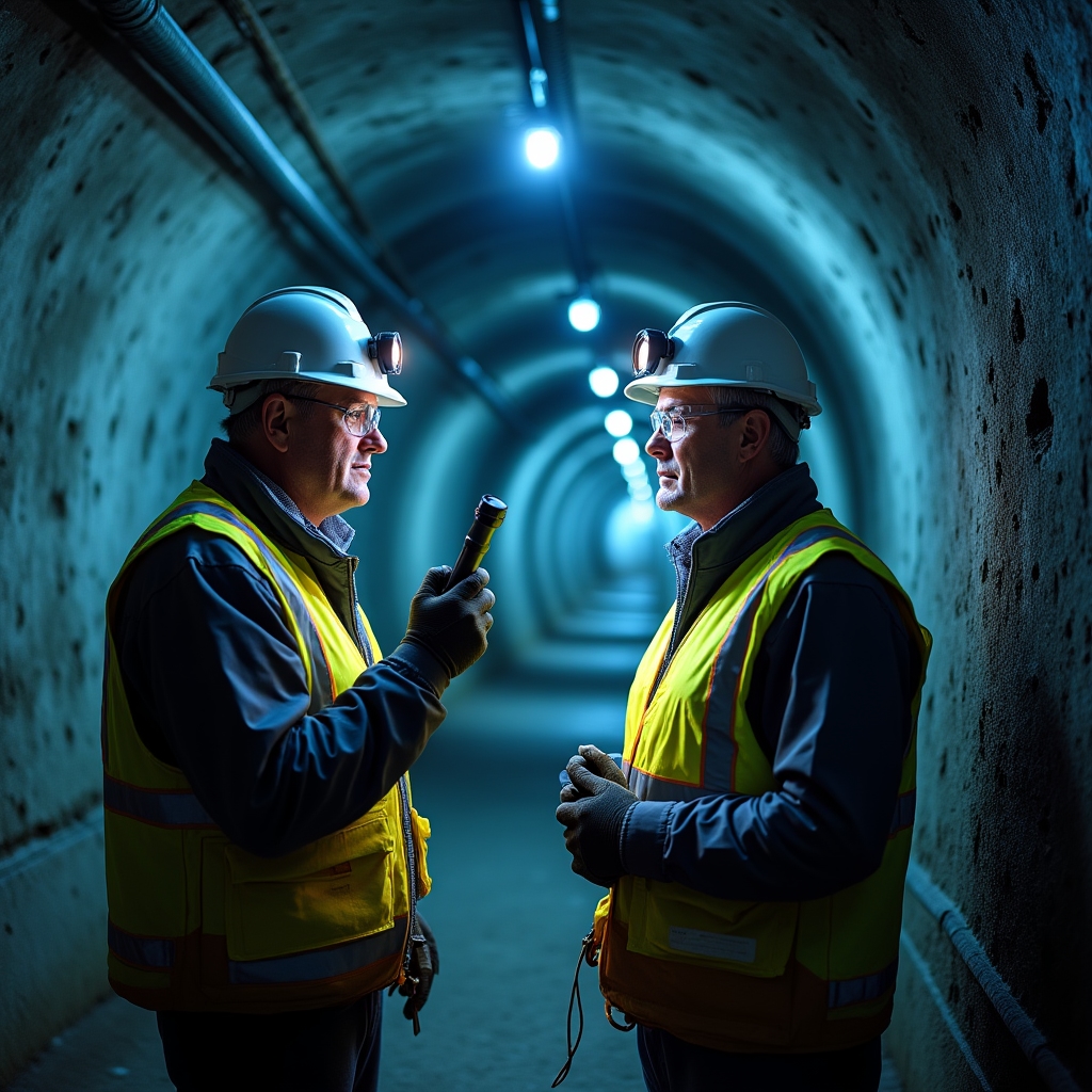 Инспекция подземного рудника специалистами по безопасности